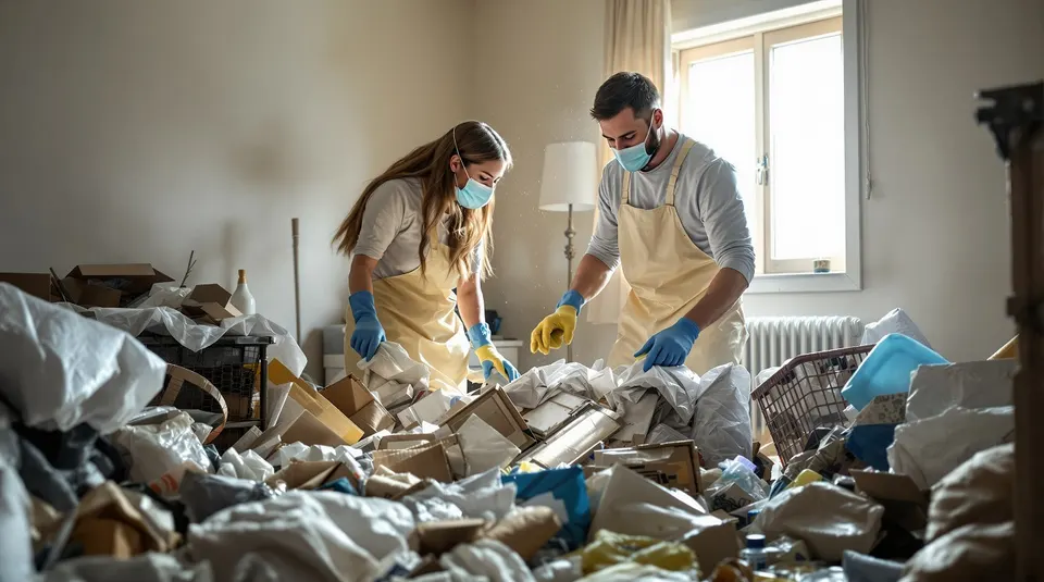 Deux intervenants masqués triant des déchets dans un logement très encombré