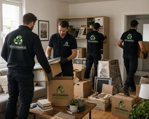 Équipe Devis Débarras triant livres et objets dans un salon à vider
